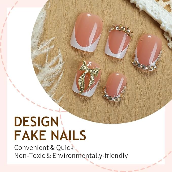 24Pcs White French Tip Press on Nails Short Square Gold Bow Fake Nails with Rhinestones Designs Full Cover Artificial Acrylic Nude Diamond Stick on Nails Reusable Glue on Nails for Women Manicure