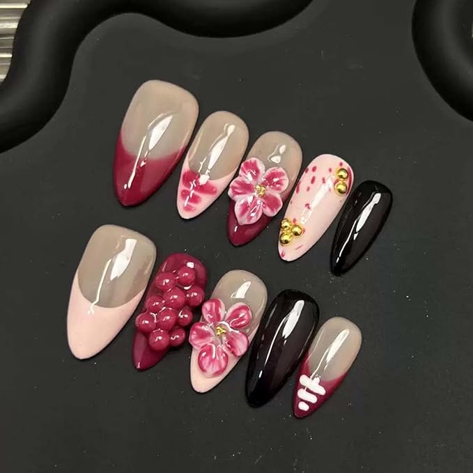 10Pcs Handmade Press On Nails Medium Almond Fake Nails 3D Flower With Small Steel Ball Design French Tip False Nails Full Cover Artificial Glossy Glue On Nail Stick On Nail For Women(SIZE:M)