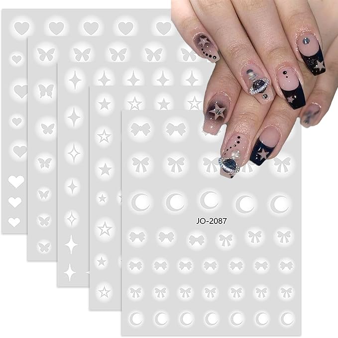 5 Sheets Airbrush Nail Stickers White Ombre Nail Art Stickers Gradient Nail Decals with Stars Heart Bow Butterfly Designs Sweet DIY Self-Adhesive Nails Art Supplies for Women Girls