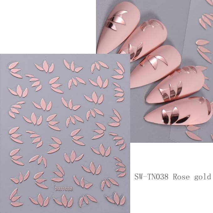 8 Sheets Flower Leaf Nail Stickers - 3D Self-Adhesive Metal Flower Nail Decals in Gold, Silver & Rose Gold - Floral Nail Designs with Retro Petal Leaves - Perfect for Women's Manicure Decoration