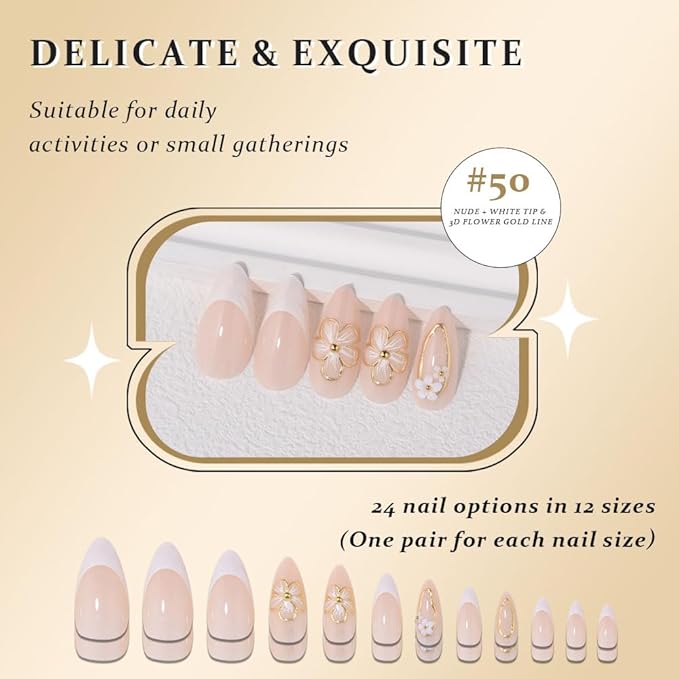 evpct 3D Flower French Press on Nails Medium Almond with Gold Line Design, White French Tip Stick on Nail for Women Gift with Kit, Reusable Full Cover Soft Gel Press on Fake Nail with 3D Floral Design