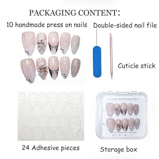 10 Medium Almond Handmade Press On Nails | Nude Pink Fake Nails with Shell Texture, 3D Floral, Brown French Tip & Rhinestone Accents | Easy Apply & Remove, Reusable Salon Quality Nails (5U08, S)