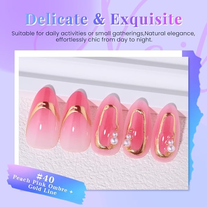 evpct Ombre Peach Pink Press on Nails Short Almond with 3D Pearl Gold Line, Pink French Tip Stick on Nail for Women, Reusable Full Cover Soft Press on Fake Nail with Ombre Design Perfectly Fit