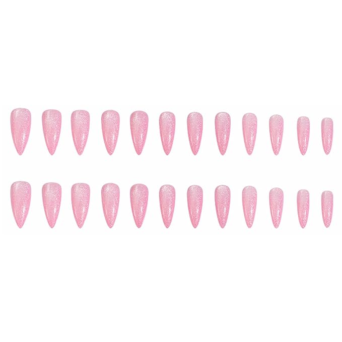 Press On Nails - Pink Glitter| Bright Pink Glitter Velvet Nails, Medium Almond Shaped Press On Nails with Cat Eye Design for Women and Girls, 24 Pcs Reusable Fake Nails