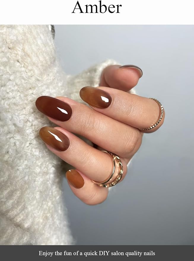 Semi Cured Gel Nail Strips (Amber), Brown, 20 Pcs Gel Nail Wraps, Stickers, Fall, Salon Quality, Works with Any UV Lamps