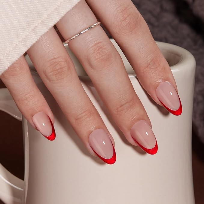 VSALON Press On Nails Short Almond, Red French Tip Fake Nails With UV Glue, Reusable Stick On Nails, Soft Gel Glue On Nails, New Year Valentine Gift in 16 Sizes 32 Pcs Kit