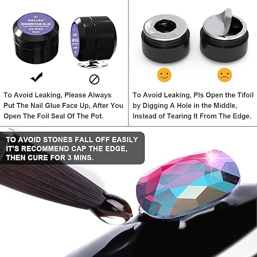 Rhinestones Glue for Nails, 10ml x2 Nail Glue for Stones and Gems Long Lasting Adhesive Super Strong Jewlery Nail Art Glue 3Pcs Nail Brushes, Wax Pencils, Stick& Picking Tweezers (UV/LED Cure Needed)