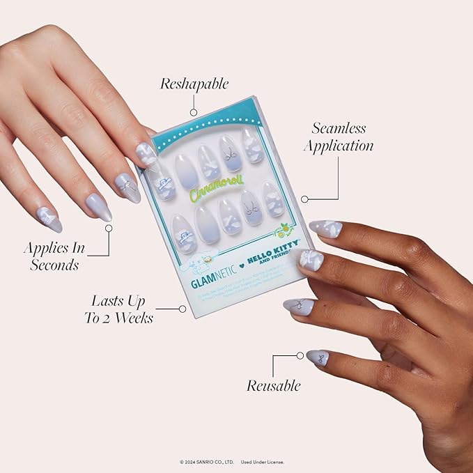 Glamnetic x Hello Kitty® and Friends Press On Nails - Cinnamoroll™ Cloud | Pale Blue 3D Cloud Graphic Nails in a Velvet Finish | 15 Sizes - 30 Nail Kit with Glue