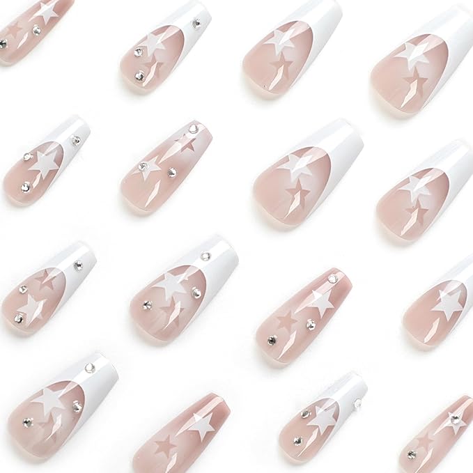 Y2K Press on Nails Long Coffin MABKJLF French Tip Fake Nails Nude Full Cover White Star False Nails with Designs Gradient Acrylic Nails Rhinestone Glossy Glue on Nails for Women Girls 24Pcs