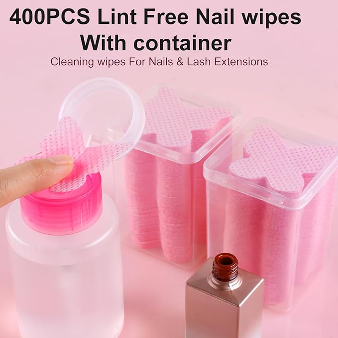 400PCS Lint Free Nail Wipes, Pink Lash Extensions Glue Cleaning Wipes, Nails Cleaning Pads Supplies,accompanied by 1 Empty Pump-Style Bottle Dispenser (Pink and White)