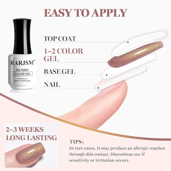 RARJSM Nude Rosy Brown Pink Golden Glitter Gel Nail Polish Nuded Skin Tone Sparkle Shimmer Jelly Sheer Color Gelpolish Home Salon French Manicure Varnish Soak off Curing Requires Single Bottle 15ml