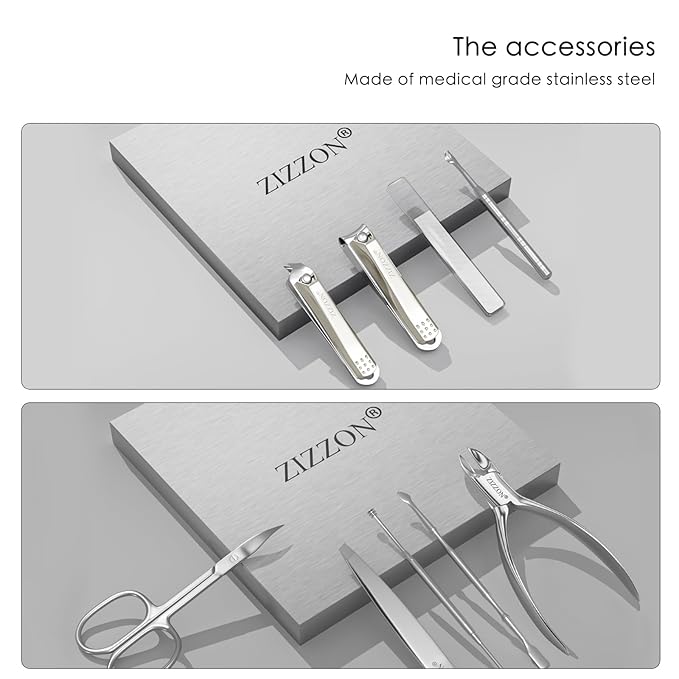 ZIZZON Manicure Set Professional Stainless Steel Toenail and Fingernail Clippers Set 9 in1 Pedicure and Grooming kit with Travel Case (Black)