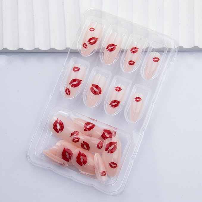 Almond Press on Nails Medium Valentine's Day Fake Nails Red Lipstick False Nails Glossy Full Cover Glue on Nail Reusable Acrylic Nails for Women Manicure 24Pcs