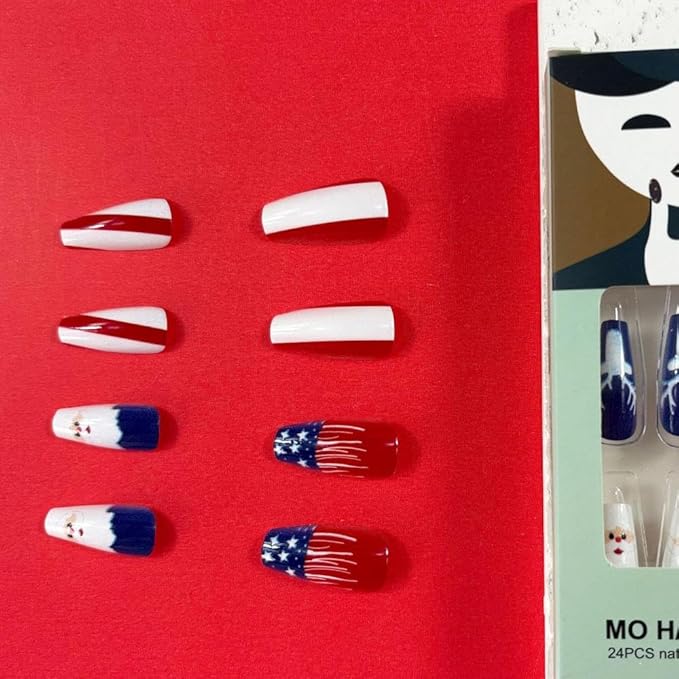 Independence Day Press on Nails Medium Coffin Fake Nails with Red White Striped Design Blue Santa Claus False Nails Elk Glue on Nail Glossy Summer 4th of July Christmas Nail for Women Manicure 24Pcs
