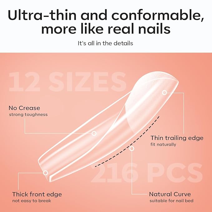 modelones Medium Square Gel Nail Tips Kit, 9-in-One Nail Glue with Portable U V Lamp 216Pcs 12Sizes Pre-Etched Press ons Fake Acrylic Extension Kit DIY Salon Gift for Women