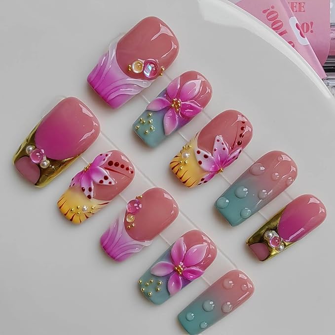 Handmade Press on Nails Medium Square Shape,Professional Handcrafted Design Glue on Nails for Women 10pcs M Size Pattern 1105
