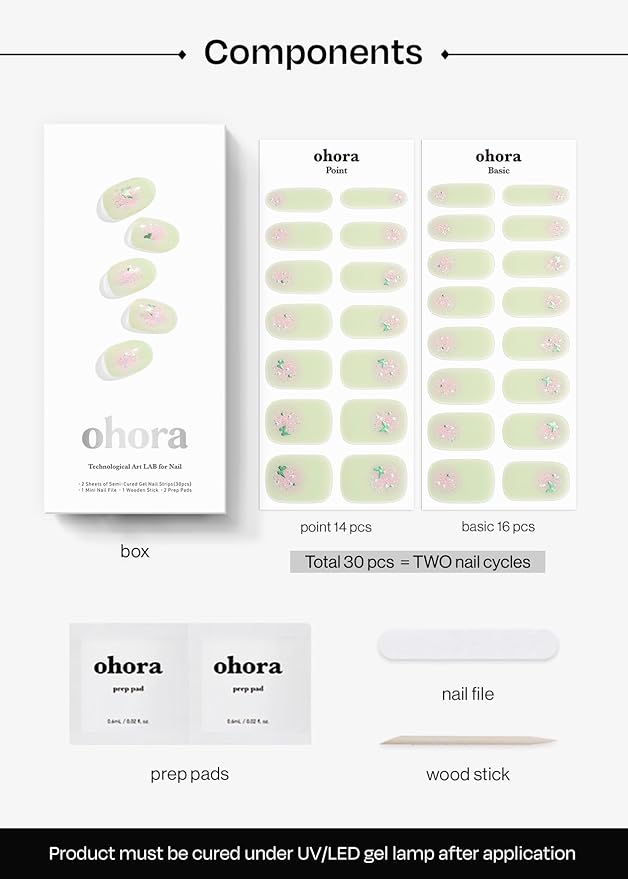 ohora Semi Cured Gel Nail Strips (N Guava Glint) - Works with Any Nail Lamps, Salon-Quality, Long Lasting, Easy to Apply & Remove - Includes 2 Prep Pads, Nail File & Wooden Stick