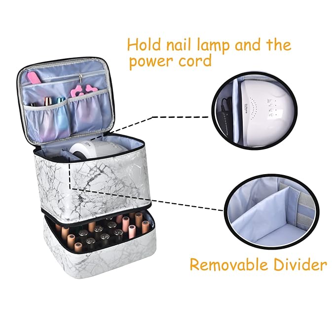 Nail Polish Organizer - Holds 30 Bottles & Nail Lamp, Double-Layer Nail Organizers and Storage, Nail Polish Bag with Handle Nail Travel Case for Nail Tech (White)