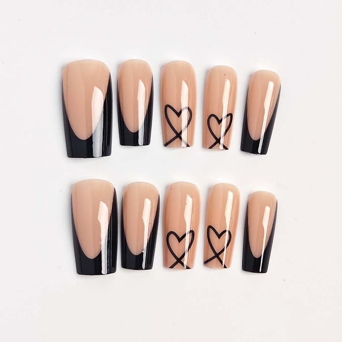 Black French Tip Press on Nails Coffin - Medium Fake Nails with Heart Design - Glossy Full Cover Stick on Press ons for Women Manicure Kit 24 Pcs