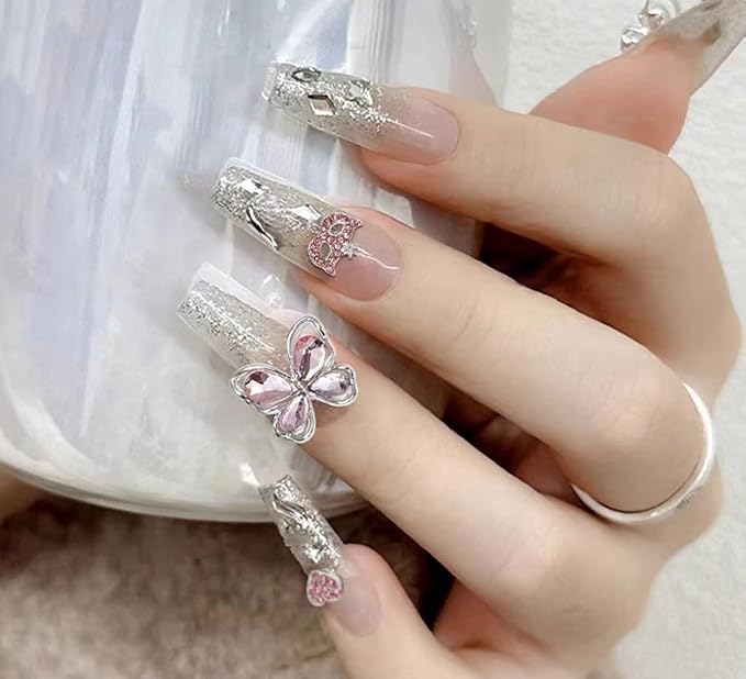 60 Pcs Heart Nail Charms, Rhinestone Pink Butterflies Nail Art Gems, Star Heart Butterfly Charms Decorations Sailor Moon Acrylic Nail Accessories for Women DIY Crafts 1