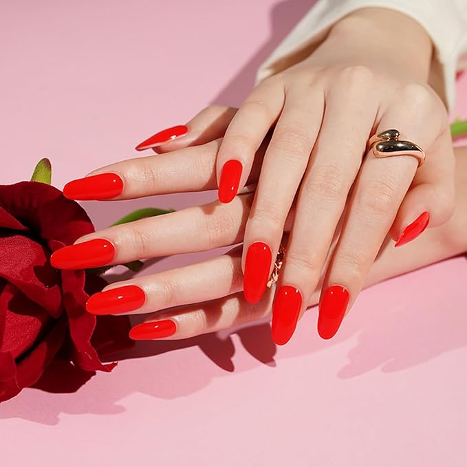 Semi Cured Gel Nail Strips - 20Pcs Classic Red UV Gel Nail Wraps with Solid Red Design, Long Lasting Salon-Quality Stickers, Includes Nails File & Wooden Stick - UV/LED Lamp Required