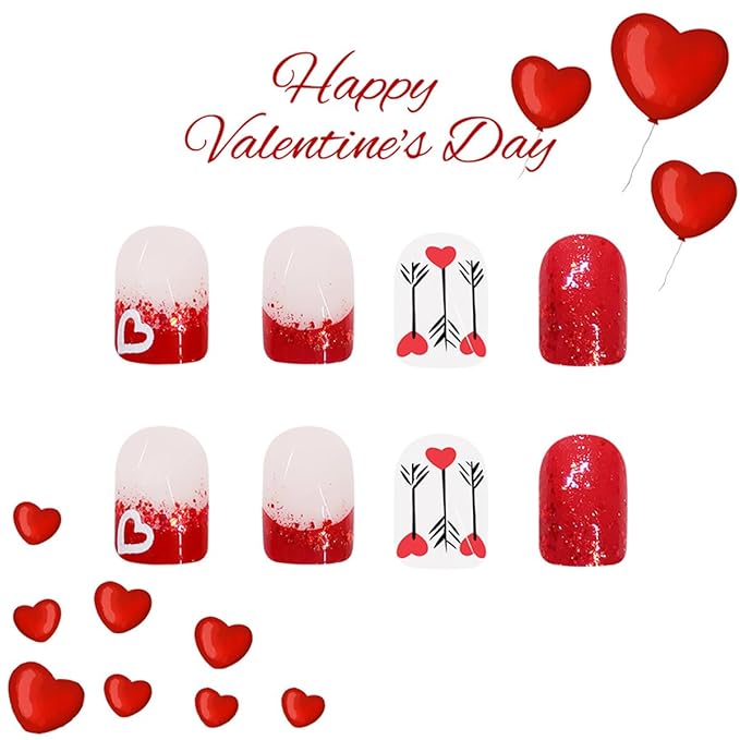 Valentines French Tip Press on Nails Short Square False Nails Red Heart Valentines Nails Design Glossy Glue on Nails Artificial Stick on Nails Full Cover Acrylic Nails for Girls Women 24Pcs
