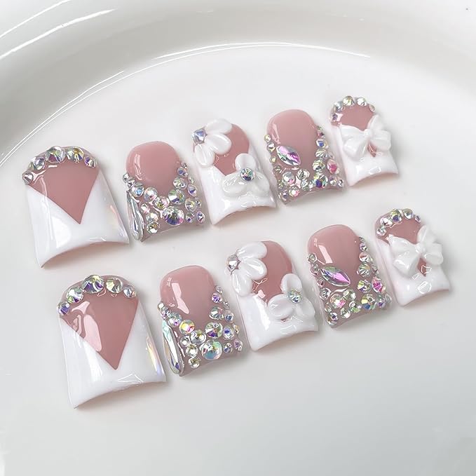 Handmade Press on Nails Rhinestones Press on Nails Short Duck Shaped Fake Nail White French Acrylic Nails Full Cover Reusable Flower False Nail for Women Girls Nail Accessories (Size M)