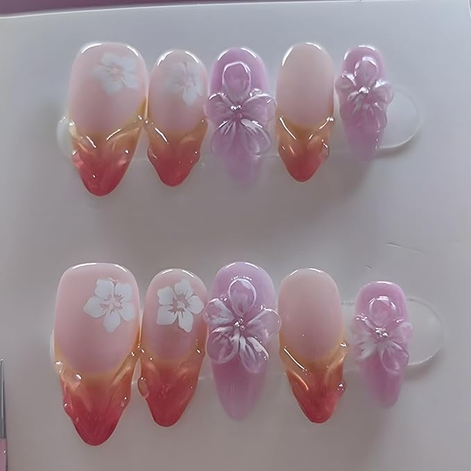 Almond Press on Nails Medium Fake Nails Red and Purple Artificial Nail Floral Stick on Nail for Women 24pcs