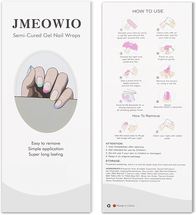 JMEOWIO Gel Nail Stickers Colorful Flower French Tip Semi Cured Gel Nail Strips Wraps UV/LED Nails Art Design Decoration Accessories