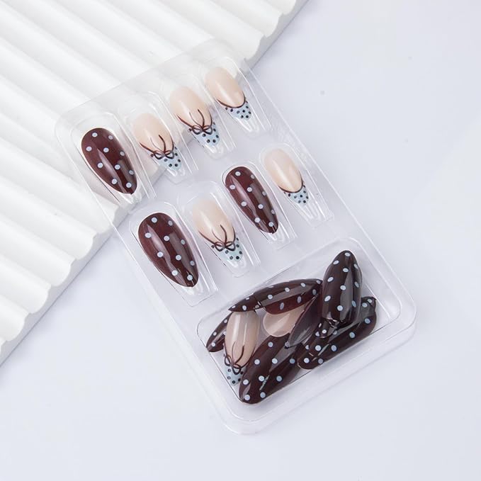 Polka Dot Press on Nails Almond Fake Nails French Tip False Nails Blue Brown Medium Acrylic Nail Glossy Full Cover Glue Stick on Nail for Women Manicure 24Pcs