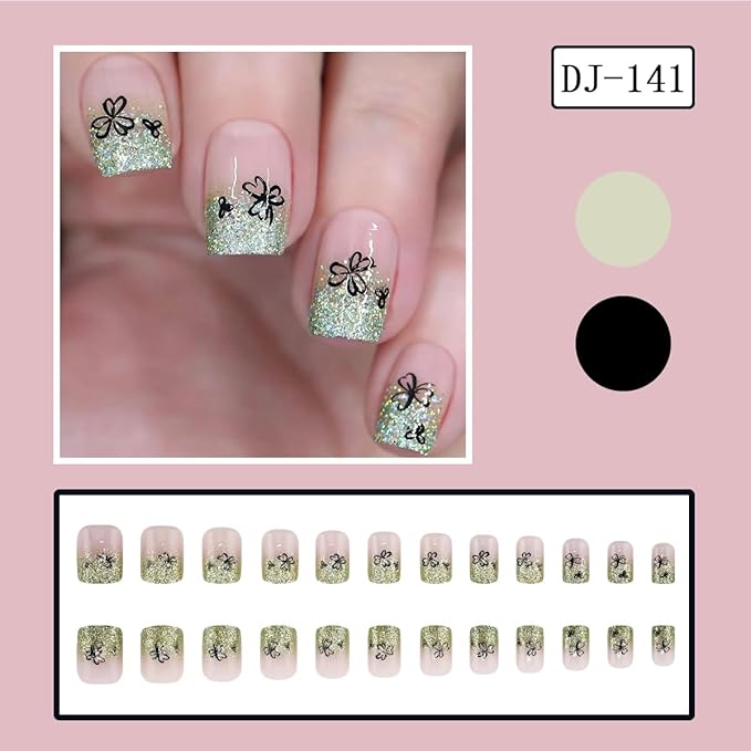 St Patricks Day Press on Nails Short Square Acrylic Fake Nails with Lucky Clover Designs French False Nails Tip Green Glitter Powder Shamrock Artificial Glue on Nails for Women Girls