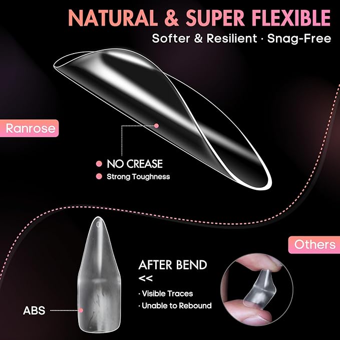 Ranrose Long Almond Nail Tips 240pcs Stiletto Soft Gel False Nails 12 Sizes Clear Full Cover Almond Shaped Press on Nail for Nail Extensions