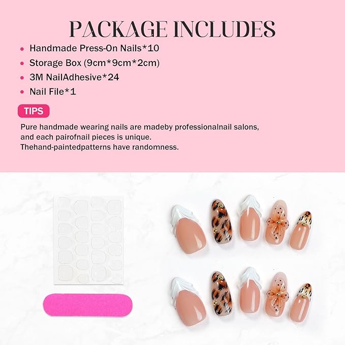 Handmade Press on Nails Medium Almond Fake Nails Leopard Print Gradient Design French False Nails Flower Handmade Reusable Nails for Women Decorations (Size M)