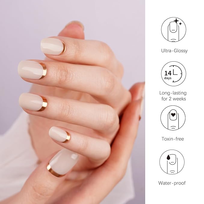 DANNI & TONI Semi Cured Gel Nail Strips Reverse French (Ivory Luxe) Golden Gel Nail Wraps Beige UV Led Nails 28 Stickers