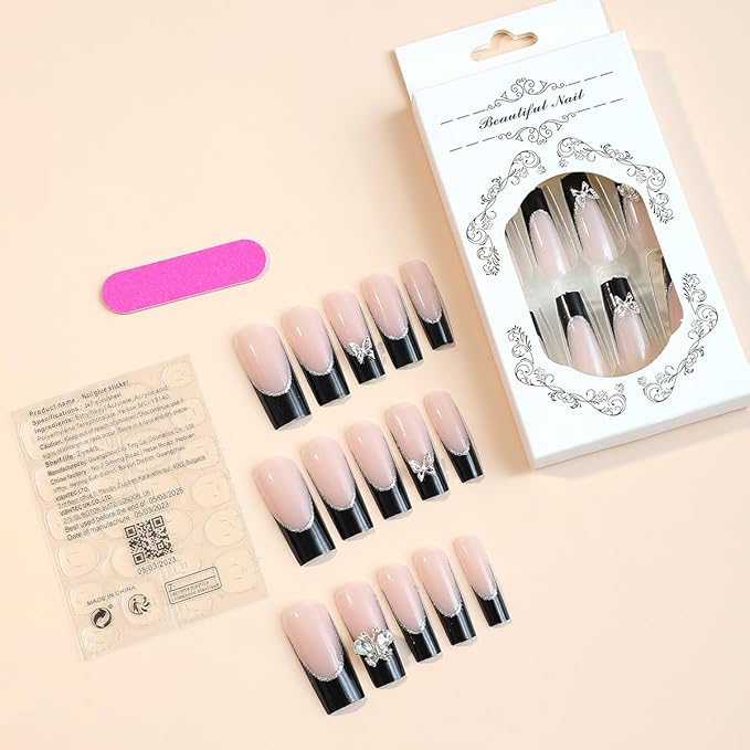 Press On Nails, Medium-Length Shiny Black False Nails Inlaid with Silver Butterflies and Rhinestones, Showing the Noble Temperament of Women and Girls False Nails - 24 Pieces (With Free Kit)