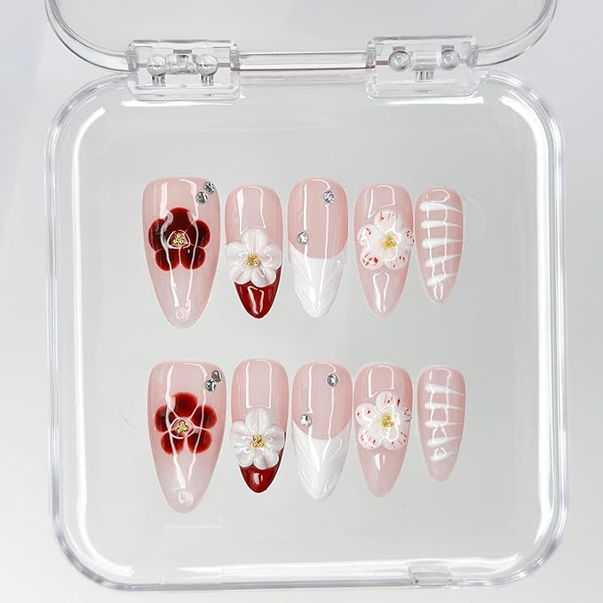 Luxury Press on Nails Medium Almond Handmade 3D Unique Reusable ABS Material Fake Nails Red&White False Nails with Designs Rhinestones Floral Art Petal Glossy Glue on Nails Thick Acrylic Nails(S)