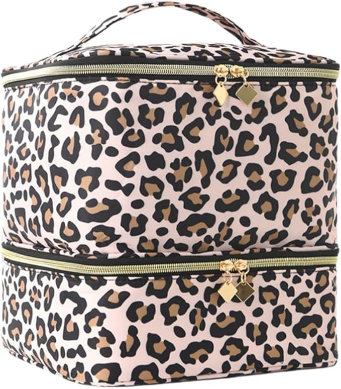 Nail Polish Organizer Aesthetic Nail Organizers and Storage, Bow Nail Supplies Kit Organizer Travel Carrying Case for Manicure Tools (Leopard B, 2 Layer)