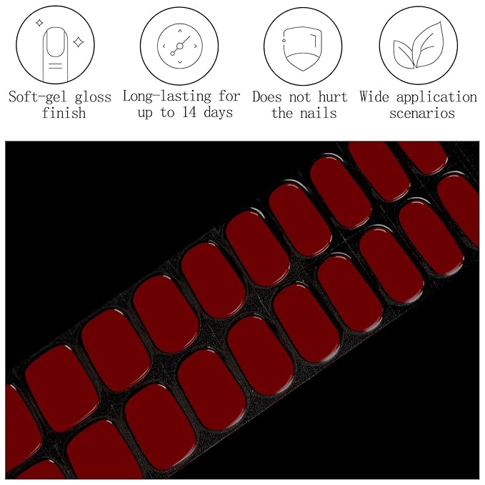 Bright Red Semi Cured Gel Nail Strips 20Pcs Gel Nail Stickers UV/LED Light Needed Gloss Nails Polish Strips Full Polish Nails Wraps for Women Includes Prep Pads, File, Wooden Cuticle Stick