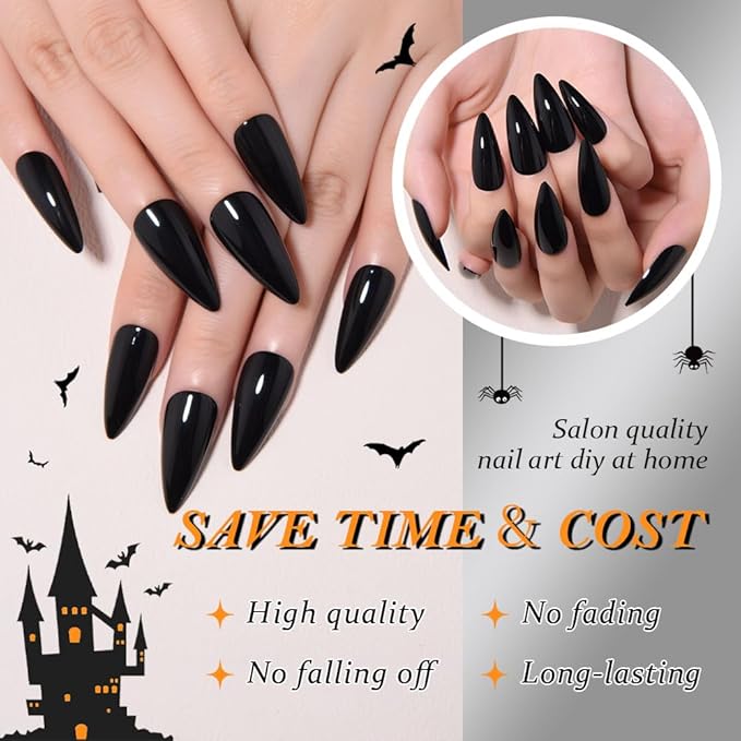 Halloween Press On Nails Medium Long Stiletto Almond, Acrylic Press On Nails, Ghost Designer Reusable Fake Nails, Artificial Nail Hallows' Day, Glue On Nail Press Ons for Women