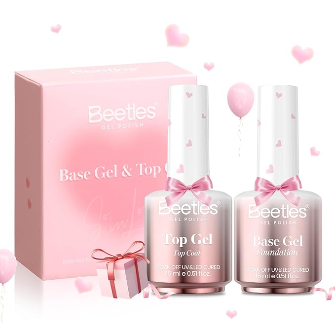 Beetles Gel Base and Top Coat Set Valentines Limited, 2Pcs 15ml No Wipe Top Coat Gel Nail Polish & Strong Adhesion Base Coat Long Lasting UV Lamp Needed Nail Art Design Manicure Gifts for Women