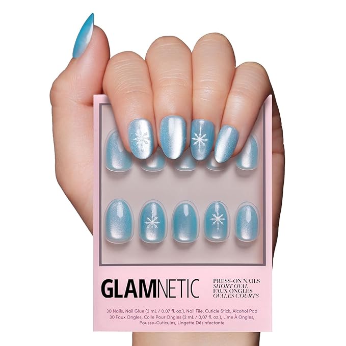 Glamnetic Press On Nails - Subzero | Opaque Pale Icy Blue Snowflake Graphic Short Oval Fake Nails in a Velvet Finish, Salon Quality | 15 Sizes - 30 Nail Kit