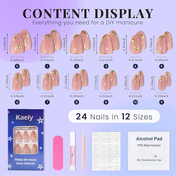 evpct 3D Gold Line French Tip Press On Nails Short Almond with Bohemia Star, Glitter Nude Gold Stick on Gel Nail with Designs, Handmade Press on Nails for Women Gift Reusable, Gel Acrylic Fake Nail