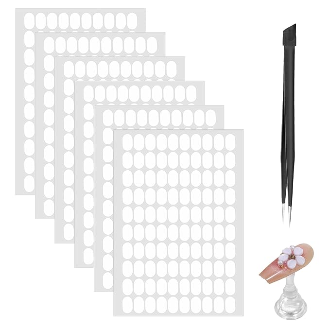 600 Pcs False Tip Double Sided Adhesive Tapes with Tweezers, Waterproof Breathable Double Sided Nail Glue Stickers for Nail Art Holder Pre-Cut Display Strips