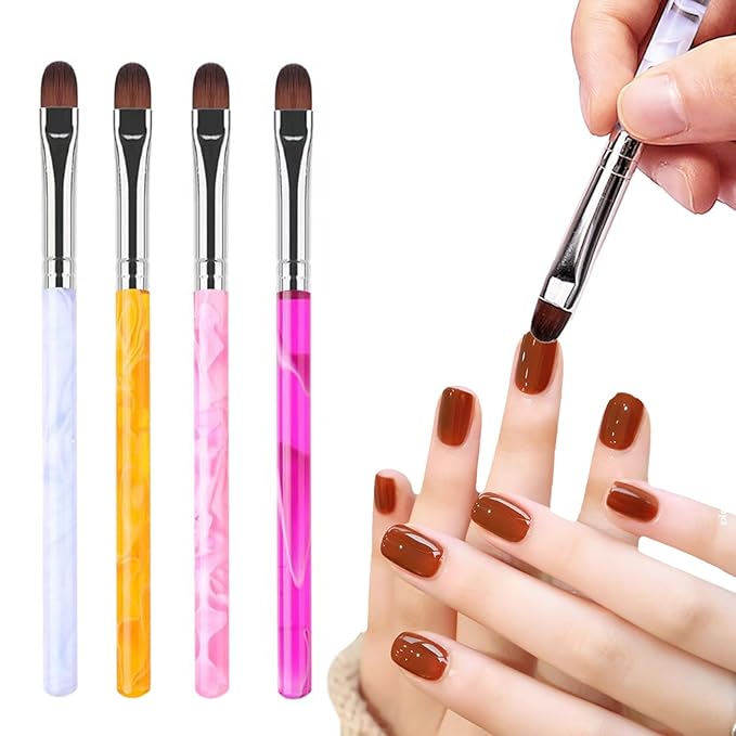 SILPECWEE 4PCS Oval UV Gel Nail Brush Set, Acrylic Nail Art Brush Nail Paint Pen Nail Clean Up Brushes Cleaning Mistake Polish On Cuticles Acetone Resistant Nail Design Manicure Tool