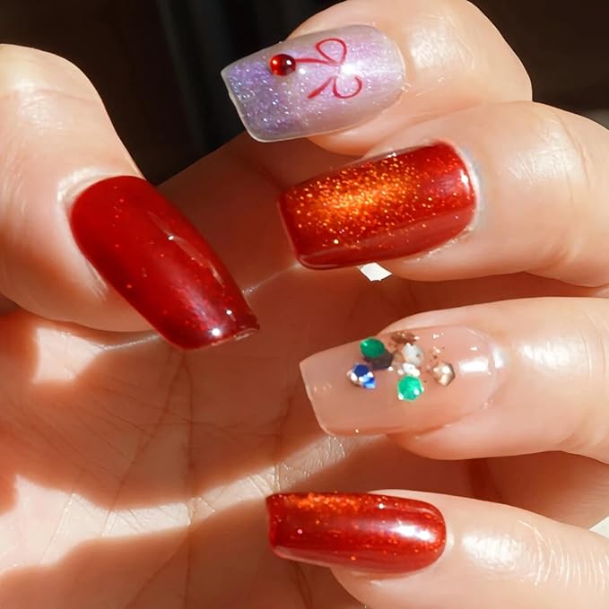 Valentine Red Press on Nails Short Coffin - Red Cat Eye & Glitter Blue with Bow Multi-colored Decorative Accents New Year Fake Nails for Winter Holiday(Holiday Wishes,S)