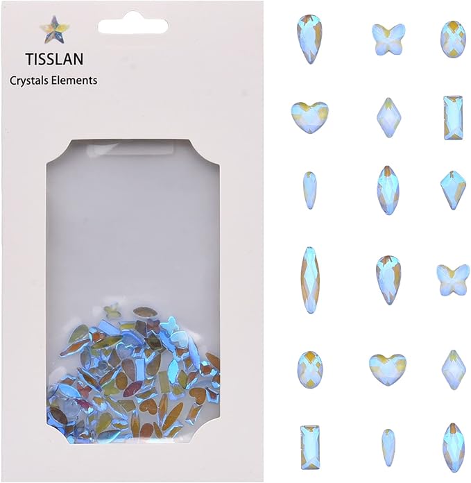 100pcs Aurora Blue ab Nail Art Rhinestones 10 Shapes Small Flatback Stones Mix Heart Butterfly Shaped Crystals Charms Accessory for Nail Decor Bulk Pack