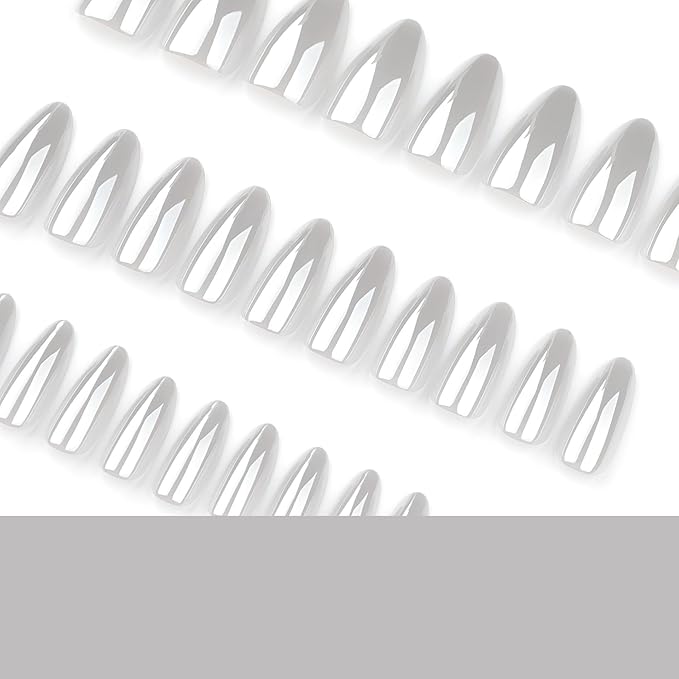 Medium Press on Nails Almond - Chrome White Fake Nails - Solid Color Full Cover Stick on False Nail - for Women 24 Pcs
