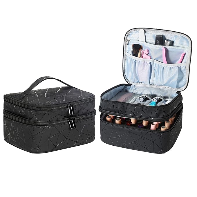 Nail Polish Organizer- Holds 30 Bottles Nail Supply Organizers and Storage Double-layer Nail Bag Organizer Case Nail varnish Organizer Nail Polish Storage Bag with Handle (Black-a)