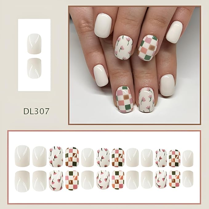 24Pcs Flower Press on Nails Short Square Fake Nails White False Nails Glossy Full Cover Nails Press Ons Summer Spring Glue on Nail DIY Acrylic Stick on Nail for Women Decorations Set