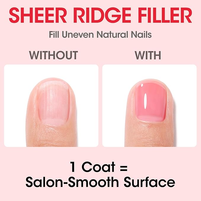 GELLEN 4‑in‑1 Clear Nail Polish Base Coat Sheer Tinted Red, Ridge Filler, Nail Strengthener & Concealer, Calcium Formula Strengthen Nails, Natural Color Enhance Natural Look, HEMA Free, Anti Yellow
